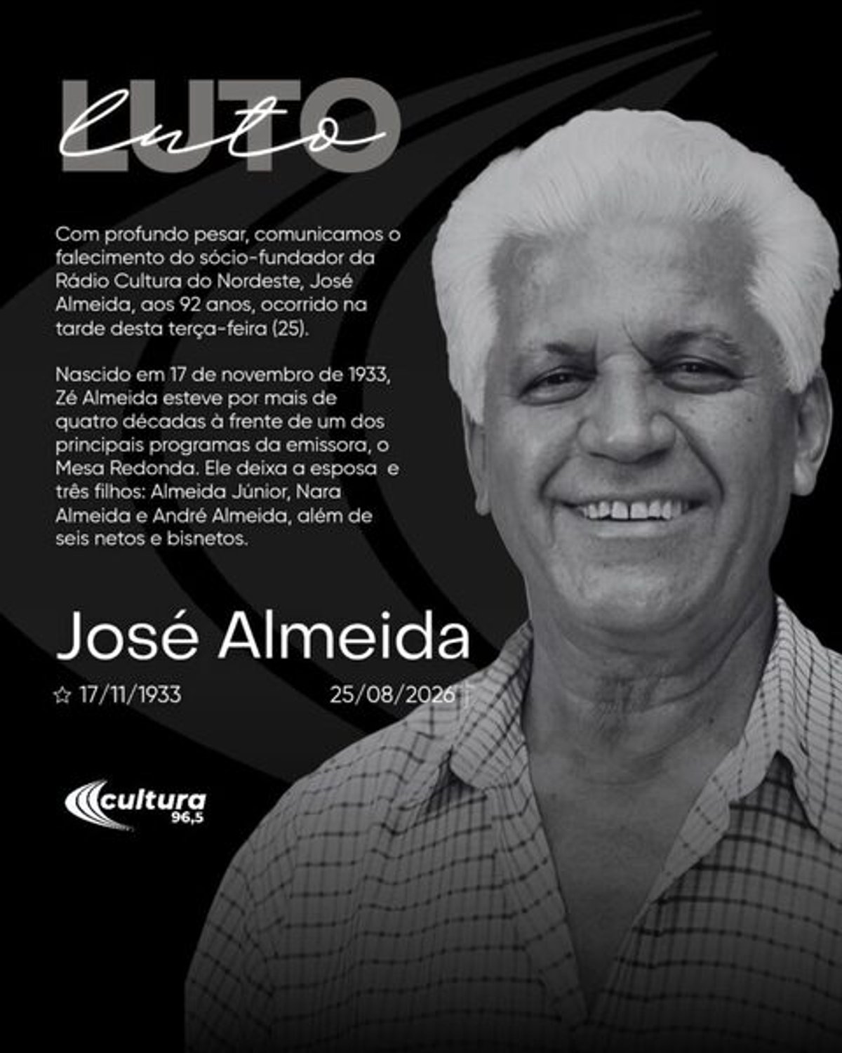Morre aos 92 anos José Almeida, sócio-proprietário da Rádio Cultura do Nordeste